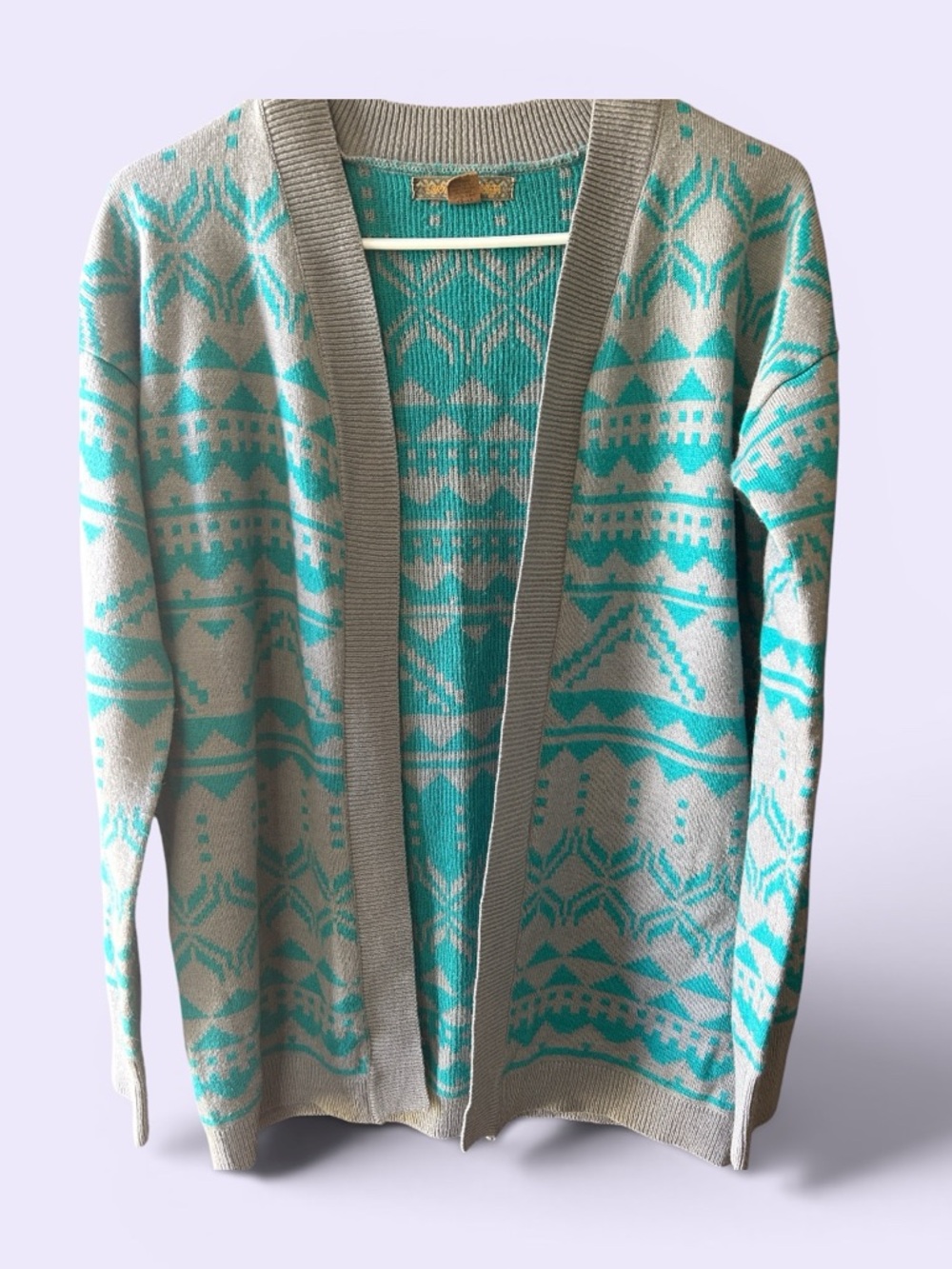 Love By Design Gray and Teal Open-Front Cardigan Sweater- cute trendy Geometric